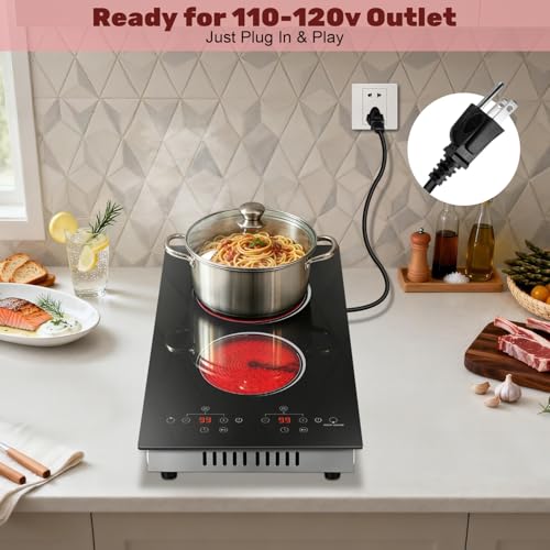 Image of 2 Burner Electric Cooktop 2000W, 12 Inch Electric Cook Top Plug in 110V, Electrics Stove with Touch Control, Countertop & Built-in Ceramic Stovetop, 9 Heating Level, Timer, Residual Heat Indicator