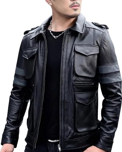 Mens Leon Kennedy Black Biker Handmade Scott Riding Lambskin Leather Jacket - Main Image