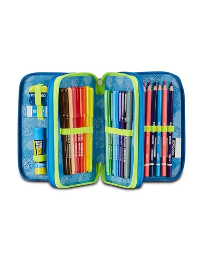 Seven Federmäppchen, Mäppchen, Mehrfarbig, Federtasche für Schreibwaren, Etui komplett mit Bleistiften, Filzstiften, Schulmaterial, mit 3 Fächern, Mädchen, Schule - Grundschule, XXL, blau-schwarz