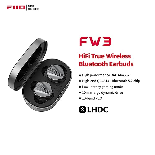 Image of FiiO FW3 True Wireless Earbud, Bluetooth 5.2 LDAC /aptX Adaptive, 10mm Drivers with Big Bass, App for Custom EQ, 21H Playtime (Grey)