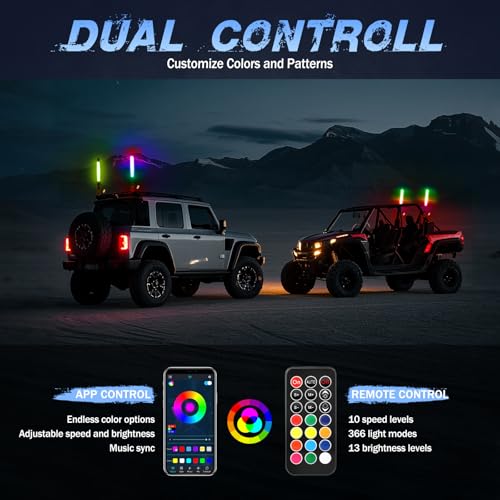 Image of 2 Pack 1FT COB LED Whip Lights, Fastchoy Auto UTV Whip Lights with App & Remote Control, Spiral RGB Chasing Lighted Whips for Side by Side UTV ATV RZR SXS Can-Am Polaris Offroad Truck