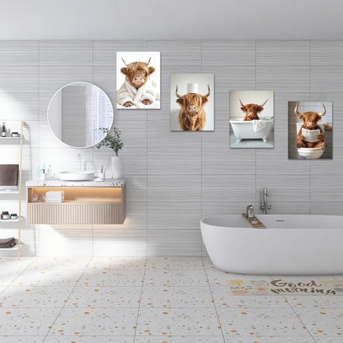 Nhemeylp 4 PCS Funny Bathroom Wall Art Decor Waterproof Highland Cow Canvas 20 x 25cm Cute Highland Cow Pictures for Walls Animals Humor Abstract Prints for Bedroom Kids Room - Cosy Home Interiors Nhemeylp 4 PCS Funny Bathroom Wall Art Decor Waterproof Highland Cow Canvas 20 x 25cm Cute Highland Cow Pictures for Walls Animals Humor Abstract Prints for Bedroom Kids Room - Image 4