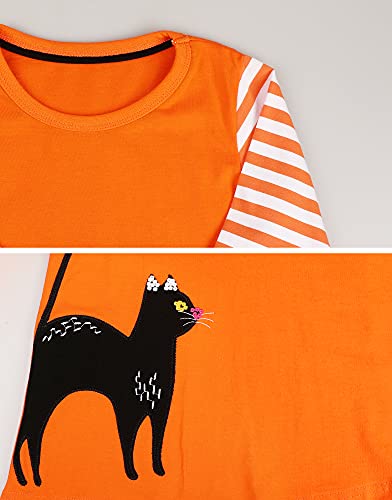 Girls Dresses Holloween Embroided Black Cat Orange Casual Spring Fall Winter Cotton Long Sleeves T-Shirt A Line Cute Pretty Kawaii Applique Toddler Clothes 6-7 Years,Jp112 #TOP1