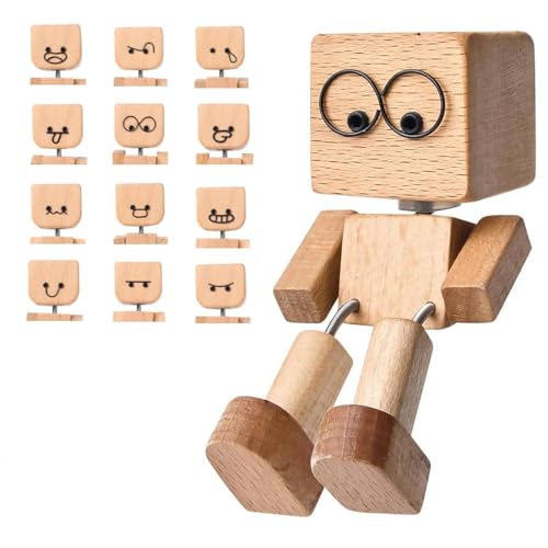 dinghaole Figurine d'homme en bois secouant, compagnon de bureau en bois avec 12 expressions magnétiques, décoration de voiture faite à la main en bois secoué pour voyage, trajets et maison