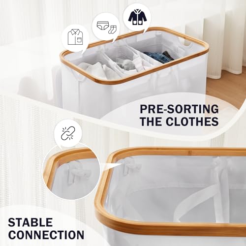 YOUDENOVA Wäschekorb mit Deckel 3 Fächer 160L Wäschesammler mit 3 Wäschesäcke Groß faltbarer Wäschesortierer Holz Bambus Wäschetruhe hoch, Weiß
