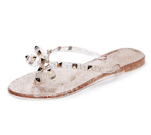 Image of Studded Jelly Shoes for Womens Bow Flip Flops Jellies Sandals Flat Black Summer Beach Thong with Rivets Strappy Slides Slip On