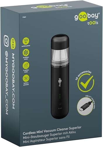 goobay Mini-Staubsauger Superior/Akku-Handstaubsauger für Auto, Haus, Wohnmobil, 120W, 7 Düsen, 3 Bürsten/Ideal für Tastaturen und schwer zugängliche Ecken, Gebläsefunktion - 77829