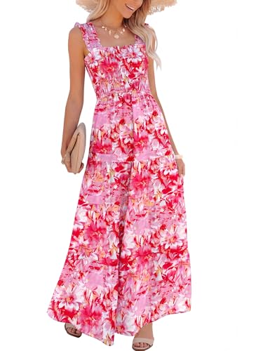 Image of Caracilia Womens Summer Maxi Dresses Floral Smocked Sleeveless Ruffle Boho Casual Flowy Aline Beach Vacation Long Sundress