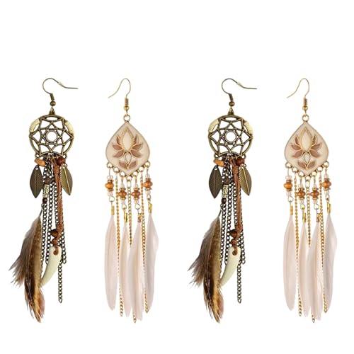 2 Paar Feder-Ohrringe Für Frauen, Böhmische Faux Feder Ohrringe, Vintageohrringe, Dekoration im Böhmischen Stil, Long Feather Fringe Earrings für Frauen und Mädchen