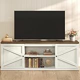 VASAGLE Farmhouse TV Stand for TVs up to 80 Inches, Entertainment Center with Storage Cabinets and Sliding Barn Doors, Media Console Table for Living Room, Rustic White and Honey Brown ULTV537W01