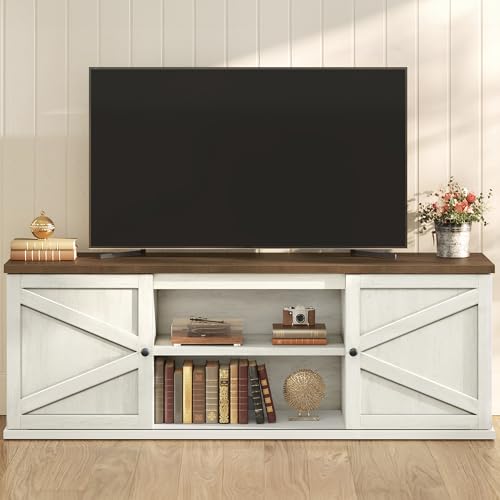 VASAGLE Farmhouse TV Stand for TVs up to 80 Inches, Entertainment Center with Storage Cabinets and Sliding Barn Doors, Media Console Table for Living Room, Rustic White and Honey Brown ULTV5