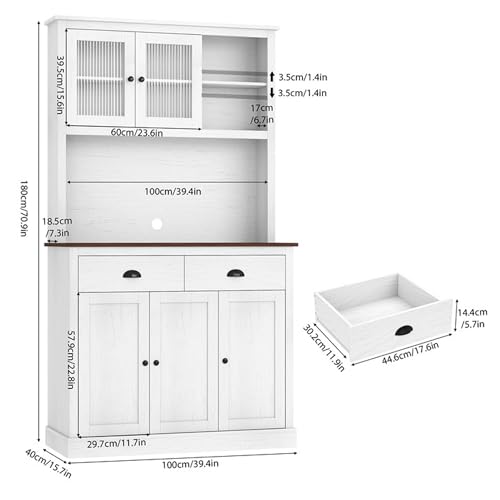 GarveeHome Kitchen Pantry Storage Cabinet, 71" Tall Wood Pantry with Microwave Stand, Modern Kitchen Hutch Cabinet, Coffee Bar Hutch with Wine Rack for Dining Room, Living Room, White
