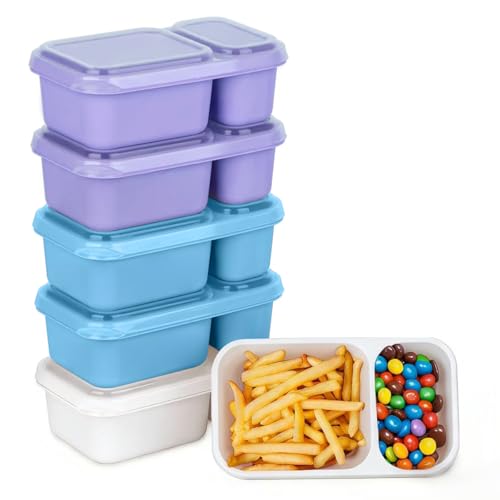 MEEYUU 6 Pack 2-Compartment Reusable Snack Containers with Lids Reusable Snack Packs for Meal Prep Food Storage On-the-Go Snacking (White&Blue&Purple)