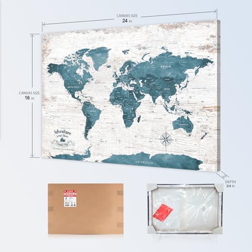 Image of IPIC - Antique Blue World Travel Map, Pin Board Canvas Wall Art, Travel Map with Pins Included, Ready to Hang for Home or Office, 24x16 Inch