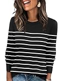 WIHOLL Womens Fall Tops Trendy Fashion Black and White Striped Sweaters Crewneck Long Sleeve Shirts Business Casual Teachers Outfits Crochet Knit Winter Clothing S