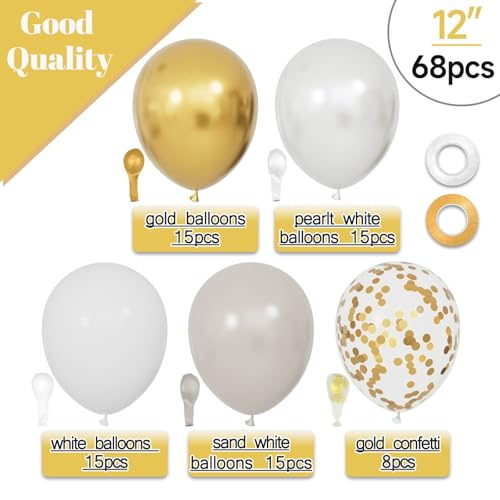 Image of 68Pcs Sand White Gold Confetti Balloons Kit 12 Inch Ballons Beige Pearl White Balloon Gold Party Balloons with Ribbons for Birthday Wedding engagement Baby Shower Graduation Decorations.