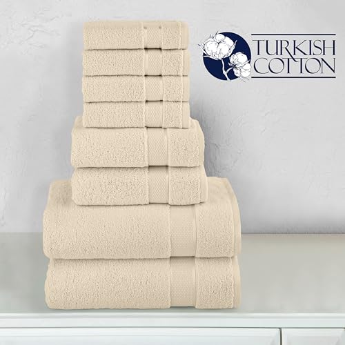 Image of Elegant Comfort Premium Cotton 8-Piece Towel Set, Includes 4 Washcloths, 2 Hand Towels and 2 Bath Towels, 100% Turkish Cotton - Highly Absorbent and Super Soft Towels for Bathroom, Ivory