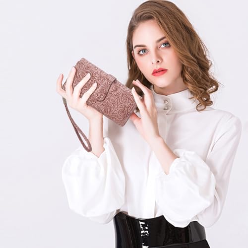 Image of Wristlet Wallet for Women Leather Clutch Purse Trifold Card Holder RFID Blocking Large Capacity Pink