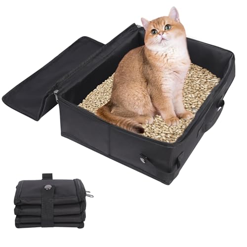 NiCola Foldable Cat Litter Box with Lid, Travel & Portable, Leak-Proof, Black, 40cm*30cm*15cm (Expanded), 20cm*15cm*5cm (Folded), For Cat Owners, Travelers, Outdoor Enthusiasts