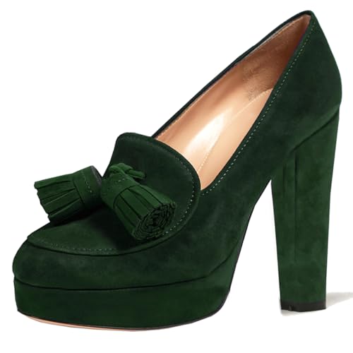 Image of SHODENSE Women Vintage Chunky Platform Loafers Pumps Tassel Round Closed Toe Slip On Suede Block High Heel Dress Loafer Shoes Buckle Strap Oxford Loafers Fringe Pump Dressy Chic Sexy Y2k 4-11 M US