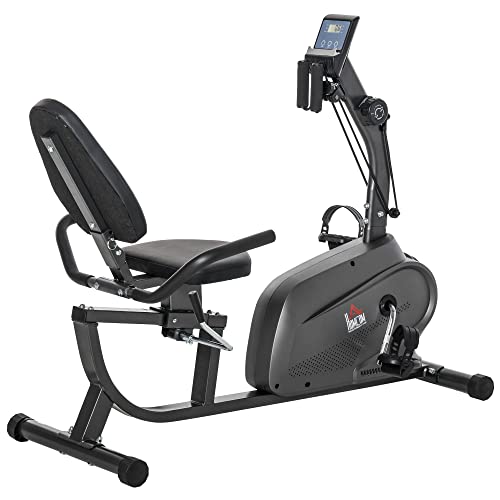 HOMCOM Bicicleta Estática con Respaldo, 8 Niveles de Resistencia, Bicicleta Estática Reclinadas, con Volante Asiento Ajustable, Pantalla LCD y Soporte de Teléfono, para Entrenamientos de Recuperación