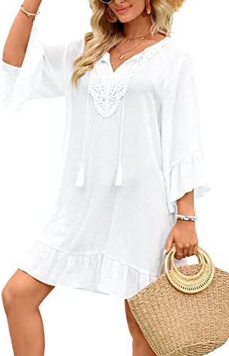 Women’s Swimsuit Cover Up Shirt V Neck Bikini Beachwear Bathing Suit Swimwear Cover Ups Summer Loose Beach Dress