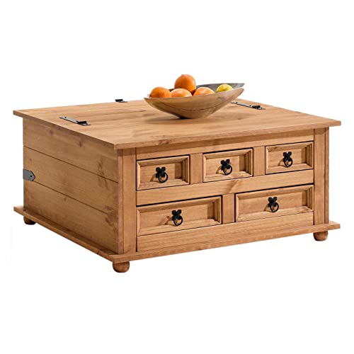 IDIMEX Table Basse de Salon Tequila Coffre Malle de Rangement rectangulaire en Bois Style Mexicain avec 5 tiroirs, en pin Massif Finition teintée et cirée