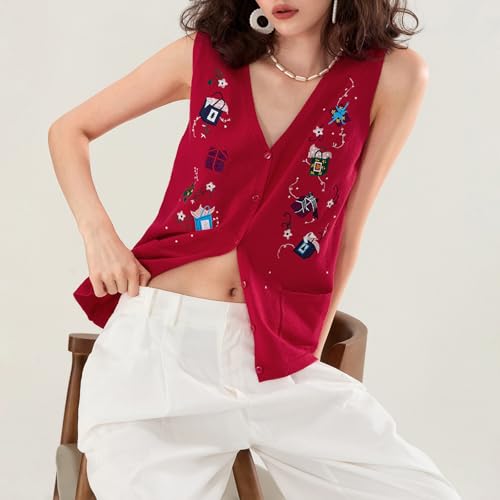 Christmas Vest for Women Reindeer Santa Snowman Embroidery Sweater Sleeveless Ugly Xmas Knit Tank Top3