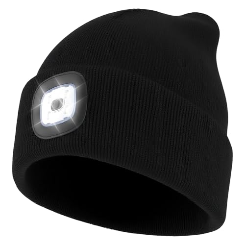 LED Lighted Beanie Cap,USB Rechargeable Running Hat Super Bright for Men and Women,Led Lighted Beanie Hat with 3 Brightness Modes Warm Winter Knit Hat for Running, Camping, Hiking, Fishing, Black