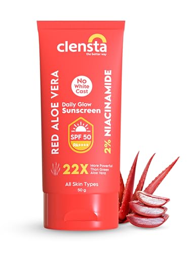 Image of Clensta Red Aloe Vera Daily Glow Sunscreen For All Skin Types SPF 50 PA++++ | No White Cast With Red Aloe Vera & 2% Niacinamide, Lightweight, For Sun Protection & Glow - 50 G