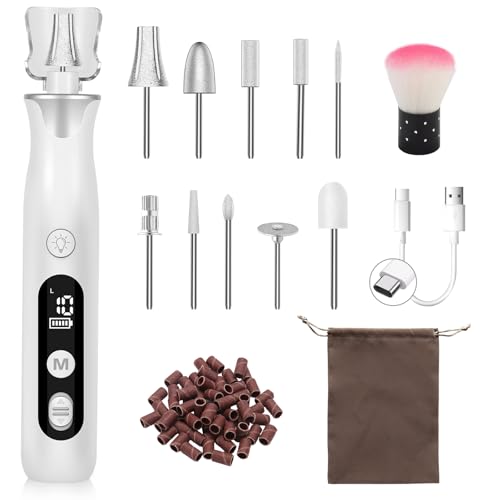 Maniküre/Pedikure Set elektrisch, Nagelfelile, Nagelfraser und Hornhautentfemer mit 10 Aufsatze zur Nagelpflege, mit 10 Geschwindigkeiten, LED Licht, Aufbewahrungstasche
