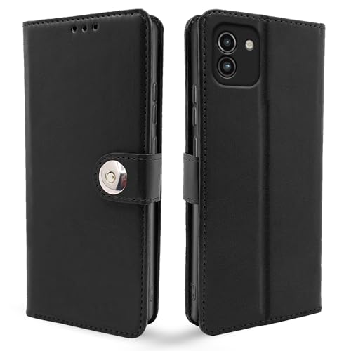 Image of Pikkme Samsung Galaxy A03 Flip Cover Leather Finish | Inside TPU with Card Pockets | Wallet Stand and Shock Proof | Complete Protection Button Flip Case (Black)