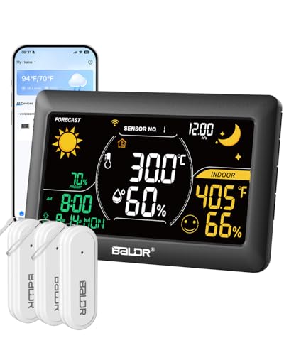 Stazione meteo WiFi con APP, display a colori da 7,5 pollici, stazione meteo wireless con 3 sensori wireless, stazione meteo wireless per interni ed esterni con previsioni Internet in tempo reale