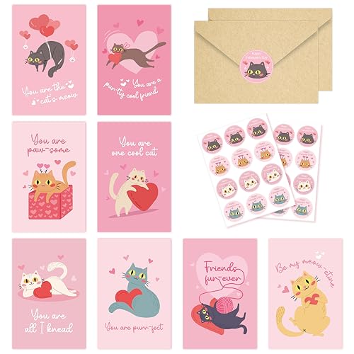 SuperShunhu Set of 24 Cat Pun Valentine's Day Cards, 8 Assorted Valentine's Day Note Cards for Cat Lover, Cute Kitty Valentine's Day Card Boxed for Friend Family