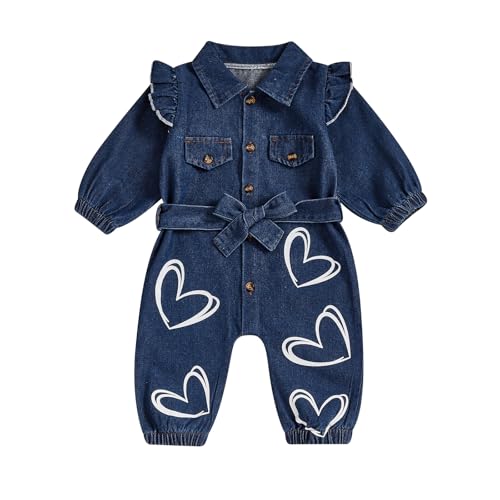 Toddler Baby Girl Romper Denim Clothing Heart Print Long Sleeve Ruffle Button Jumpsuit With Bow Belt Infant Overalls Girls Fall Winter Clothes (Blue, 9-12 Months)