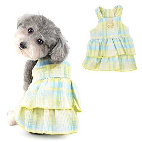 Ranphy Dog Dresses for Small Dogs Girl Female Cute Plaid Dog Sundresses Puppy Suspender Skirt Pet Spring Summer Clothes with D-Ring Cats Apparel Costumes, Yellow, M