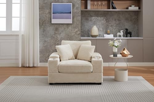 Image of 50 inch Corduroy Upholstered Chaise Lounge Chair Indoor, Modern Lazy Sofa with Storage Armrest, Sleeper Couch with Cup Holders for Living Room, Beige