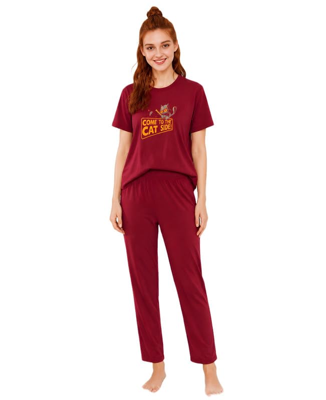 elvia Women's Pure Cotton Top and Pyjama Co-Ord Set | Printed Night Suit | Regular Fit Half Sleeve Round Neck T-Shirt with Pajama Loungewear Sleepwear Set for Women (Maroon, 3XL)-picture-43