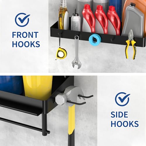 Image of Taozun Garage Paper Towel Holder, 2 Pack Garage Organization, 12 inch Paper Towel Holder, Shop Shelf Wall Mount with 8 Hooks for Tool Room(Black)