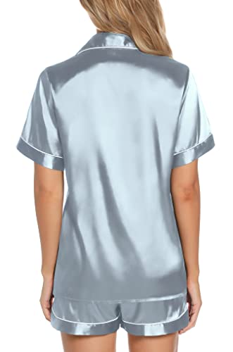 Samring Button Down Pajamas Women Silk Satin Pajama Set Summer Short Sleeve 2 Pieces Pjs Shorts Sets with Pocket Light Blue L — view 4