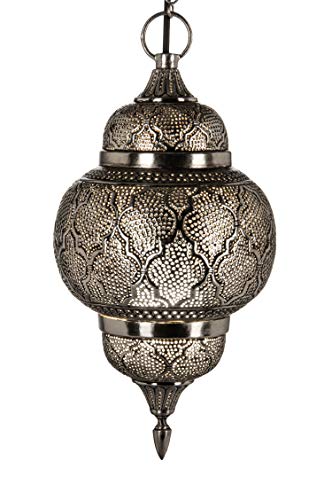 Preisvergleich Produktbild Orientalische Messing Lampe Pendelleuchte Silber Huriye 38cm E27 Lampenfassung / Marokkanische Design Hängeleuchte Leuchte / Orient Lampen für Wohnzimmer, Küche oder Hängend über den Esstisch