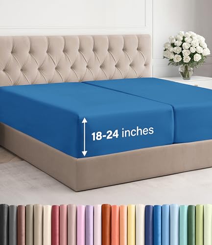 Image of Extra Deep Split King Fitted Sheet - Single Fitted Sheet Only - Royal Blue | Easily Fits 18 inch to 24 inch Mattress, Soft, Wrinkle Free, Breathable & Comfy, Extra Deep Pockets Hotel Luxury Fitted Sheet