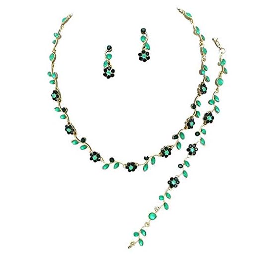 Affordable Wedding Jewelry Emerald Greeb Crystal 3 PCS Set Gold Necklace Bracelet Earring Bridal Formal (Green)