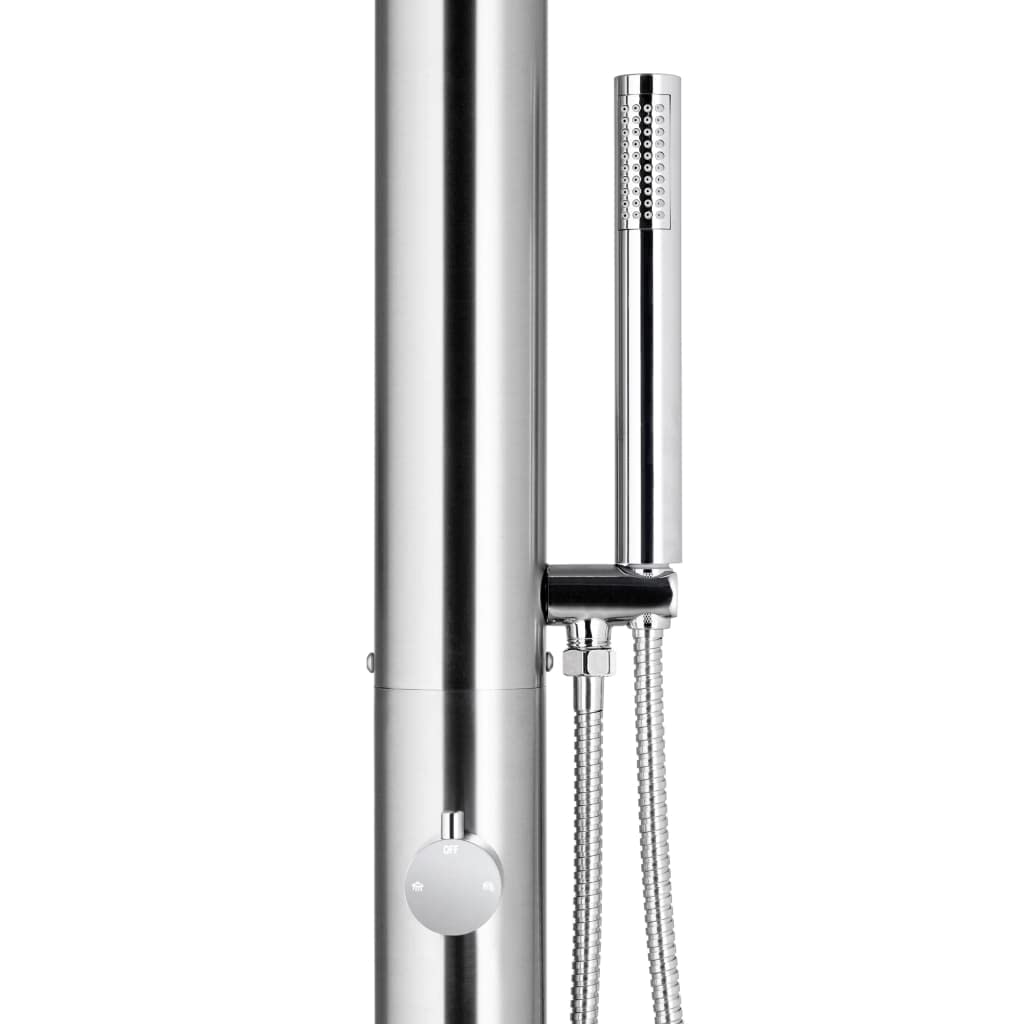 Prysznic ogrodowy z brązową płytą podłogową ze stali nierdzewnej o wysokości 225 cm, płyta podłogowa WPC 80 x 62 cm, słuchawka prysznicowa z wężem 1,5 m, akcesoria basenowe do ogrodu, na