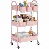 danpinera Rollwagen mit 3 Ebenen, Rollwagen Metall, Rollwagen Küche mit feststellbaren Rädern & hängenden Bechern & Haken, Mobiler Bastelwagen für Küche, Bad, Büro, Werkstatt, Rosa