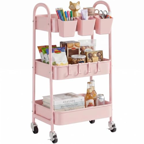 danpinera 3-Tier storage trolley, Metal storage cart with Lockable Wheels & Hanging Cups & Hooks, storage trolley on wheels for bathroom, kitchen, craft, beauty, Pink