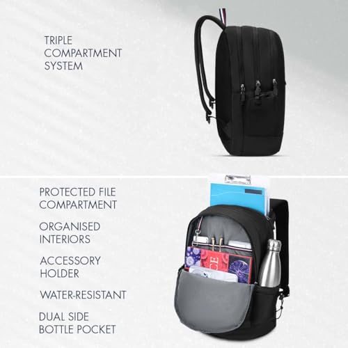 Image of Tommy Hilfiger Professional School Backpack Stud - Black | Durable Water-Resistant Bag for Teens with Signature Metal Logo | 3 Compartments | Soft File Sleeve & Integrated Rain Cover | 30L Capacity