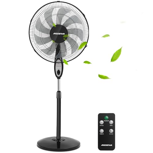 Aigostar Ventilador de Pie Silencioso, 9 Aspas, Mando a Distancia, 3 Velocidades, 3 Modos, Temporizador 7.5 Horas, Oscilante 80°, Ventilador de Altura Ajustable, Base Antideslizante, 35 m2, 60 W, Carr
