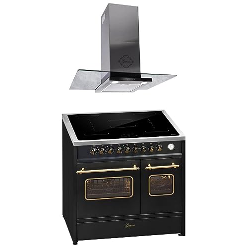 GURARI Induktions-Standherd E 913 DF RU BL+GCH T 466 IS 90 BL PRIME, Retro Elektro Standherd, Range Coocker mit FLEX Induktion+Dunstabzugshaube 90 cm