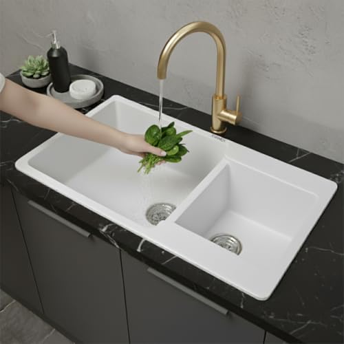 Image of EVANEX Quartz Kitchen Sink|Double Bowl Sink for Kitchen|Topmount /Undermount Kitchen Sinks|White Double Sink with Connector, Waste Pipe, Coupling and Drain Basket|34x20x9 Granite Kitchen Sinks